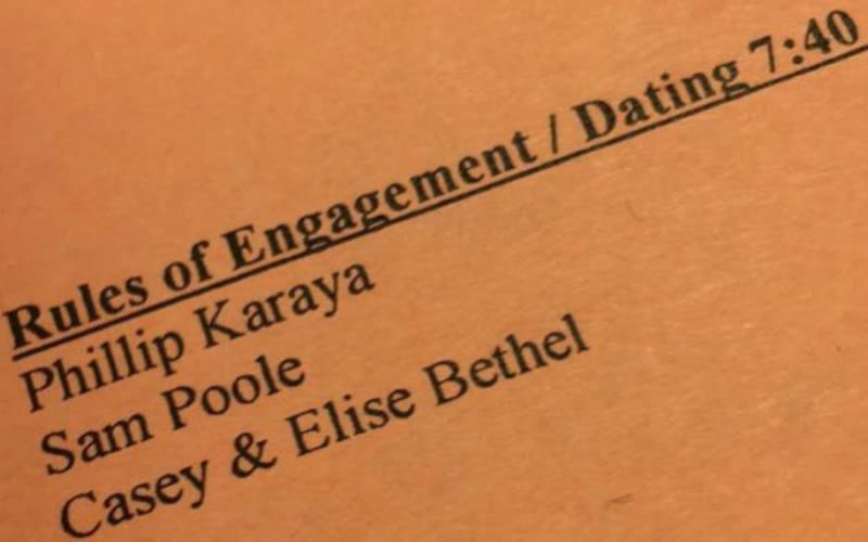 Printed event program listing Phillip Karaya for the Rules of Engagement session